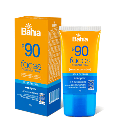 Protector solar facial Bahia SPF 90 en tubo y caja con protección UV ultradefensiva para el cuidado