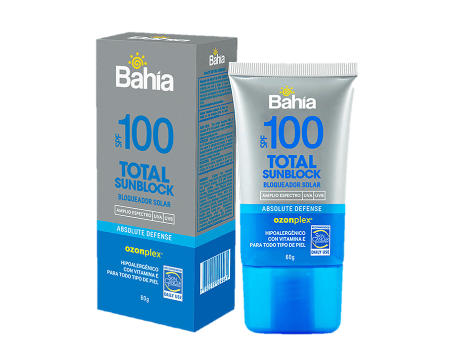 Tubo y caja de Bahia SPF 100 Total Sunblock para una defensa y protección absoluta de la piel