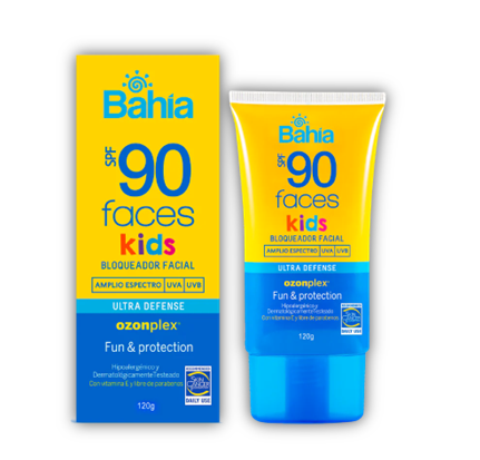 Protector solar facial infantil Bahia SPF 90 Faces en tubo y caja, con protección de amplio espectro