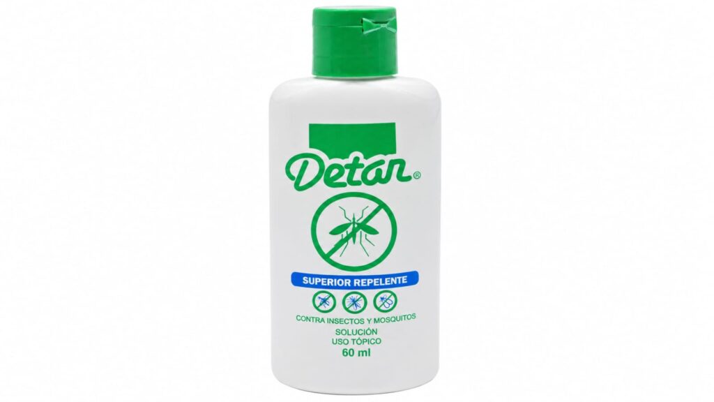 Frasco de 60 ml de repelente tópico de insectos y mosquitos Detan con tapa verde.