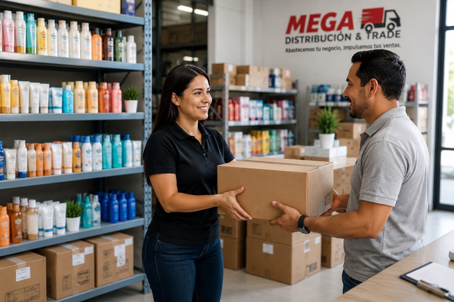 Equipo de Megadistribucion&trade entregando productos de cuidado personal y alta rotación a un cliente en Ecuador